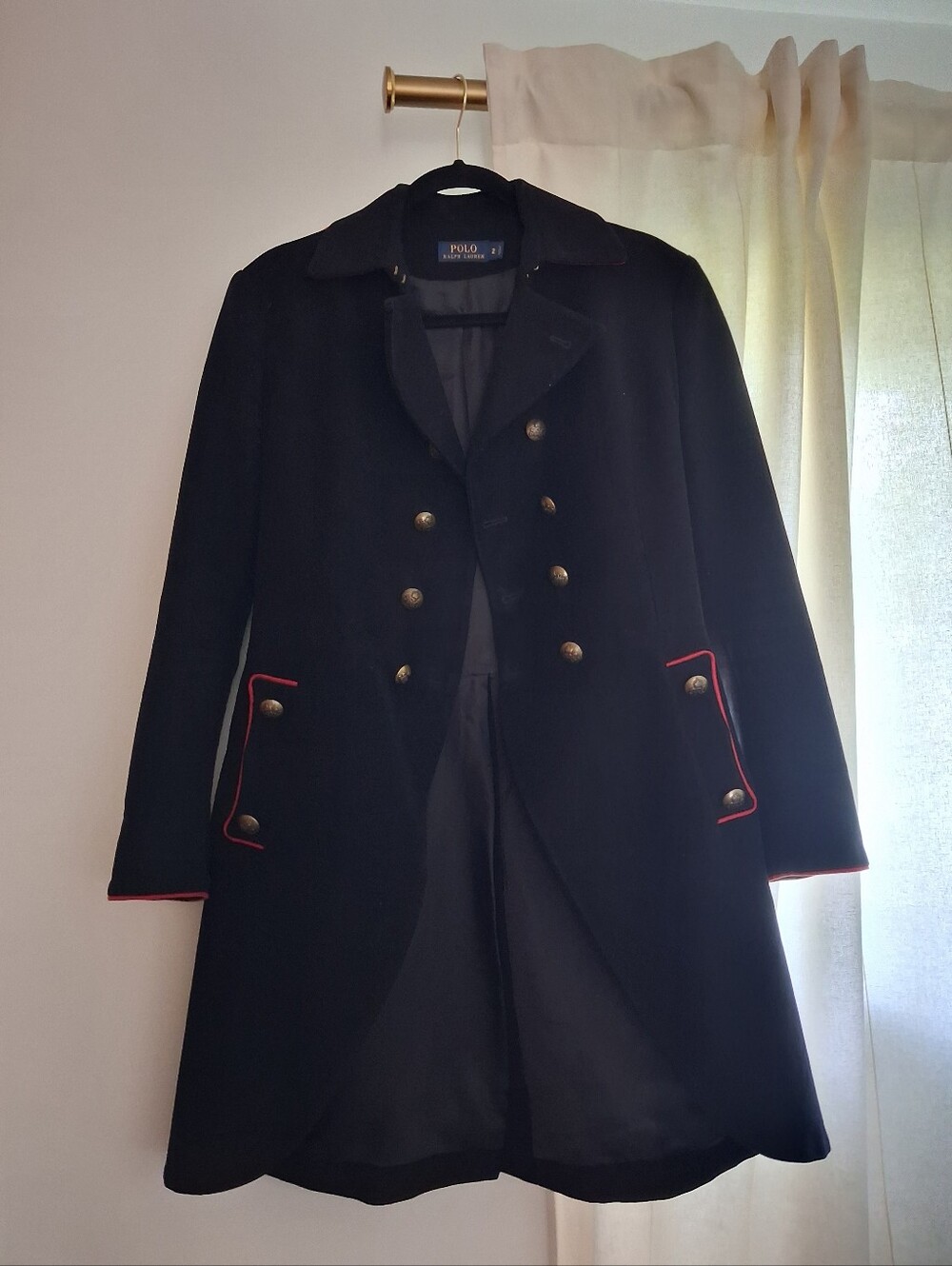 Ralph Lauren Black Double-Breasted Wool Coat with Red Piping - Picture 7 of 9